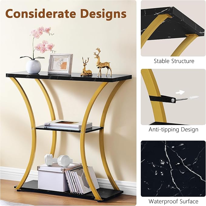 Hoctieon 3 Tier Console Table with Open Wood Shelves, Decorative Entryway Table with Curved Metal Frames, Narrow Sofa Table for Entrance, Living Room, Hallway, Gold and Black Marbled