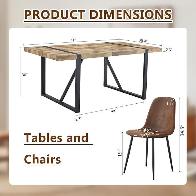 Dining Table Set for 6，Dinner Table Set for 6，71'' Kitchen Table and PU Leather Chairs Set of 6，6 Chair Dining Table Set for Kitchen Dining Room