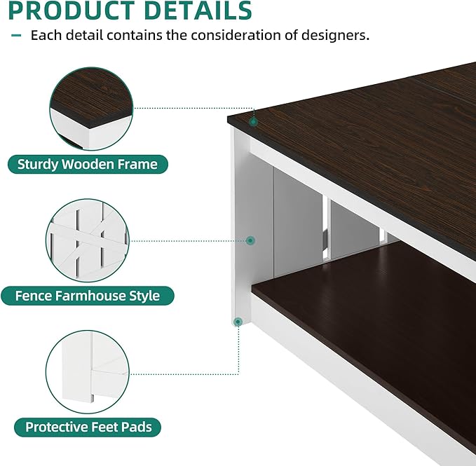 YITAHOME Farmhouse Coffee Table with Storage, 2 Tiers Rustic Wood Cocktail Table, Square Coffee Tables for Living Meeting Room with Half Open Storage Compartment, Deep Brown