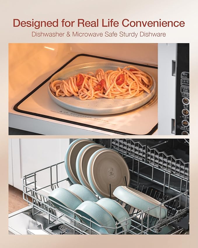 Famiware Milkyway Plates and Bowls Sets, 12 Pieces Dinnerware Sets, Reactive Glaze Dish Set, Stoneware Dishes Set for 4, Light Blue