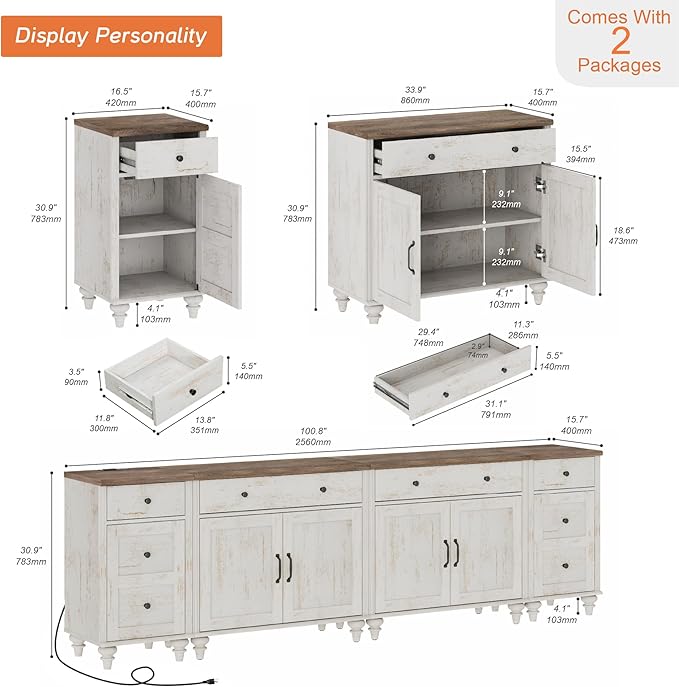 WAMPAT Farmhouse TV Stand for 100 Inch TV, 4-in-1 TV Console Table for 75/80/85/90 Inch TV, Entertainment Center with Charging Station, Kitchen Sideboard Buffet Cabinet for Dining Room, Rustic White