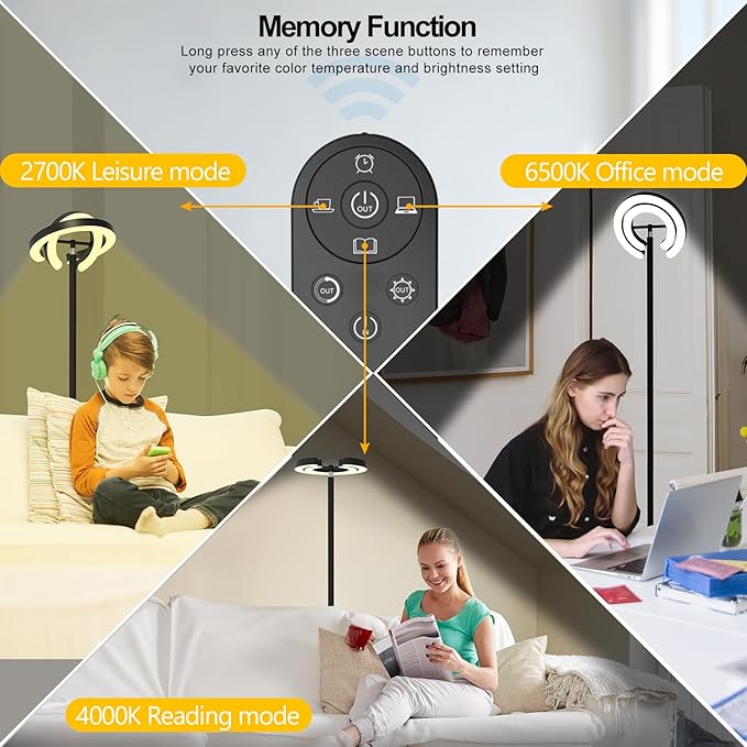 Floor Lamp for Living Room, 75.5 Inch Tall Standing Lamp for Bedroom with 2 312° Rotatable Ring Lights, 36W Bright Stepless Dimmable LED Floor Light with Remote Control for Office Dining Room