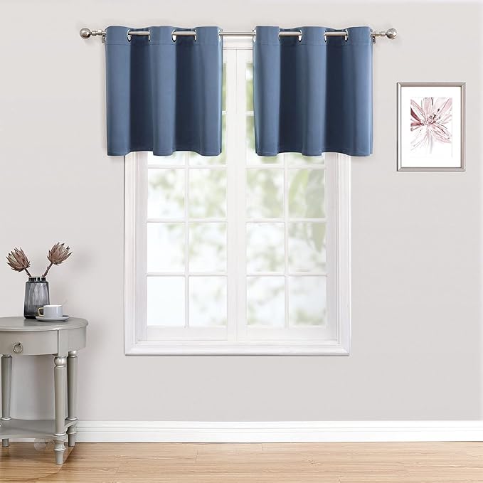 ChrisDowa Small Kitchen Valances for Windows - Grommet Short Thermal Insulated Room Darkening Window Valances Curtains for Living Room (2 Panels, Stone Blue, 42 x 18 Inch)