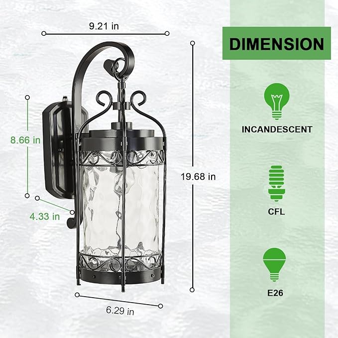 Large Dusk to Dawn Sensor Outdoor Wall Sconce,19.68" H Vintage Exterior Light Fixture with IP65 Waterproof,Classical European Style Porch Light with Water Glass for Front Door Balcony Porch