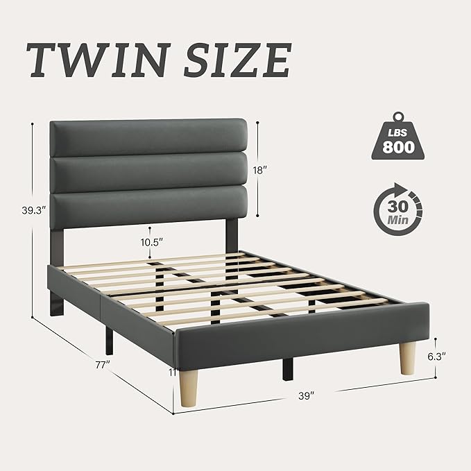 Twin Bed Frame, Platform Bed Frame with Velvet Upholstered Headboard, No Box Spring Needed, Sturdy Metal Support, Noise Free, Easy Assembly, Modern Bedroom Furniture, Grey