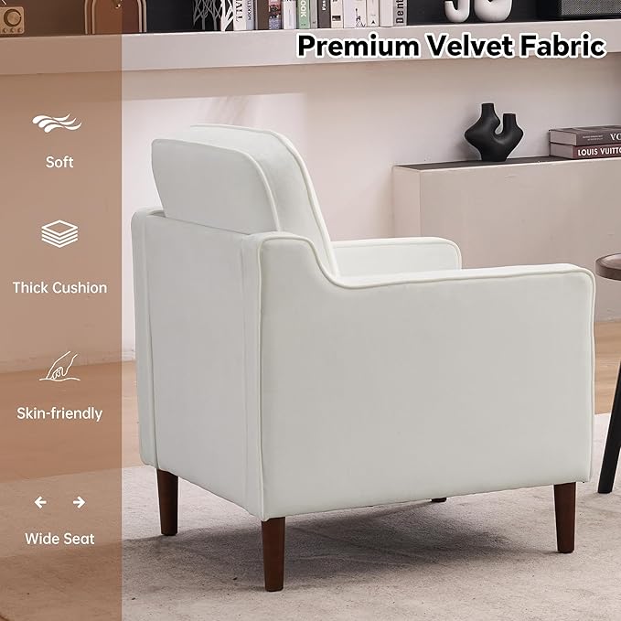 Mid Century Modern Accent Chair, Upholstered Reading Armchair for Living Room, Velvet Comfy Sofa Chair with Wood Legs for Bedroom, Office, Waiting Room, Ivory