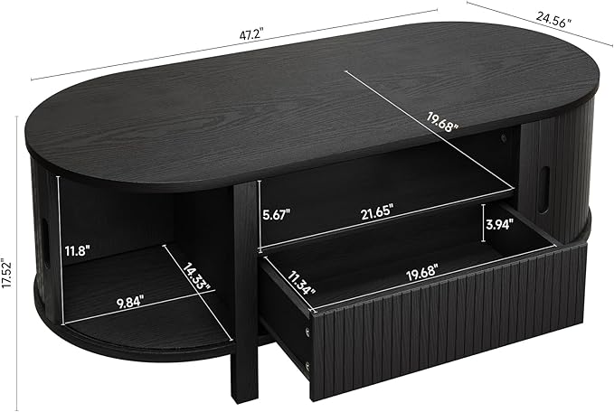 47.2 Inch Oval Coffee Table with Storage, Mid Century Modern Coffee Table with Drawer, Center Table with Sliding Door and Wood Fluted Handle for Living Room, Black