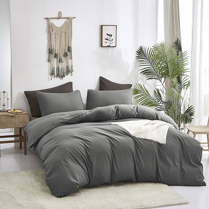 Luxlovery Grey Comforter Set Twin Dark Grey Bedding Comforter Sets Minimalist Gray Blanket Quilts Solid Breathable Soft Quilts Modern Grey Bedding Set Durable 3 Piece Comforter Set
