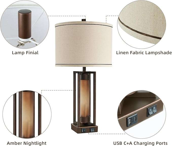 Rustic Table Lamps for Living Room Set of 2 with USB C+A Ports, Farmhouse Vintage Nightstand Lamp with Amber Night Light, Retro Desk Lamp for Bedroom, 4 Bulbs Included (Brown)