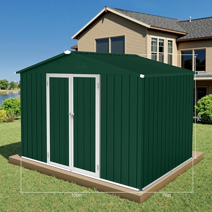 8 x 6 FT Outdoor Storage Metal Shed, Bike Garden Tool Shed with Slooping Roof, Lockable Doors and Aluminum Frames, Shed Easy to Assemble for Garden, Patio, Lawn, Green