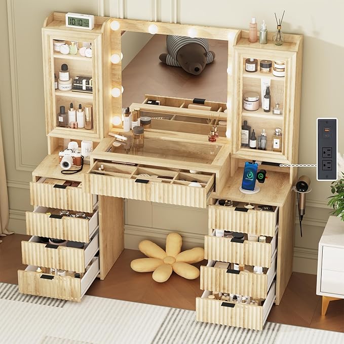 55" Fluted Makeup Vanity Desk with Large Mirror and Lights, Modern Glass Top Big Vanity Table with 9 Drawers & Open Storage Shelves, Dressing Table w/Charging Station for Bedroom, Oak