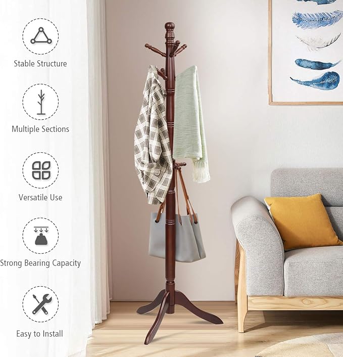Tangkula Wood Coat Rack Freestanding, Entryway Height Adjustable Coat Stand with 9 Hooks & Stable Tri-Legged Base, Rubber Wood Coat Tree Hall Tree Coat Hanger Stand for Home Office Hall Entryway