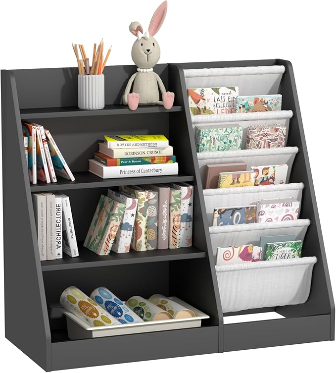 4 Tier Kids Bookshelf Wooden, Five Layer Sling Children Bookcase, Baby Toddler Storage Book Rack, Book and Toy Organizer Cabinet Chest, Book Display Shelf Stand, Playroom Nursery Classroom Library