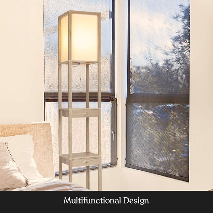 Brightech Maxwell Drawer Edition - Modern Shelf Floor Lamp with Drawer - Corner Display Floor Lamps with Shelves for Living Room, Bedroom and Office - Rustic Wood