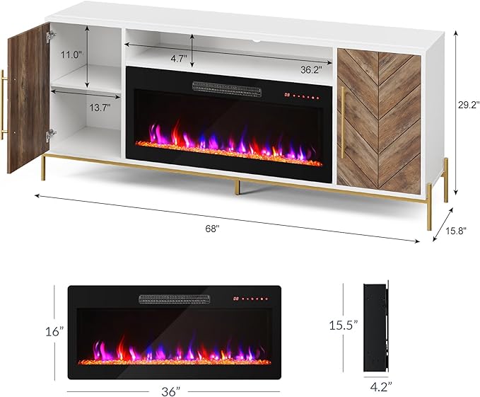 BELLEZE 68" Wood TV Stand with 36" Electric Fireplace, Entertainment Center with Storage Cabinet, Console Table for TVs up to 75 Inches, for Living Room, Bedroom - Harper (White Ebony)