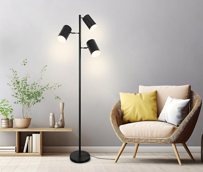 Tree Floor Lamp with 3 Light 9W E26 LED Bulbs,Black Standing Tall Pole Lamp with 3 Adjustable Rotating Lights,Modern Floor Lamp for Living Room Bedroom Office,Reading Room
