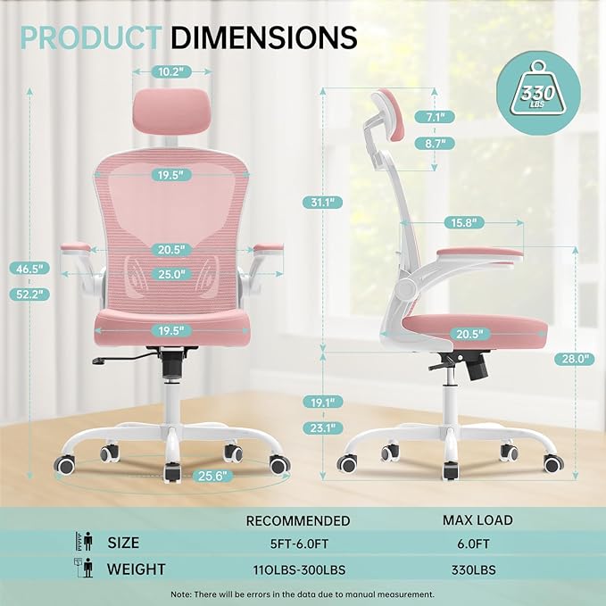 Office Chair Ergonomic Desk Chair, 330LBS Capacity, High Back Computer Chair for Long Hours Comfortable, Rolling Swivel Executive Task Chair for Home Office with Flip-up Armrests（White Pink）