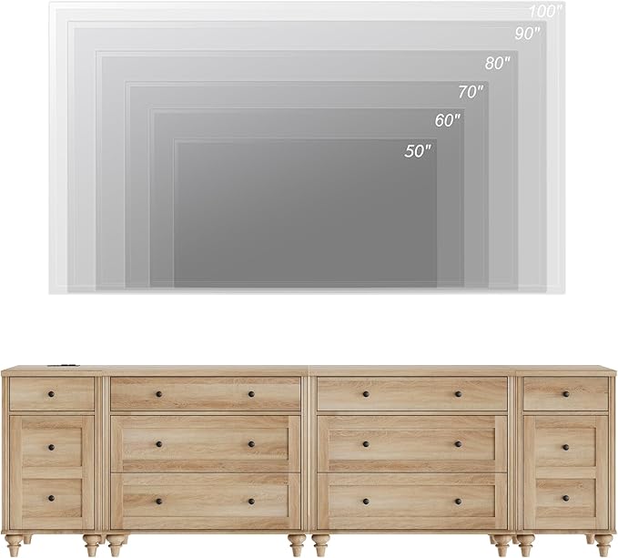 WAMPAT Farmhouse TV Stand for 100 Inch TV, 3-in-1 TV Console Table with 8 Drawers and 2 Storages, Entertainment Center for 75/80/85/90 Inch TV, Nightstands with Charging Station for Living Room, Oak