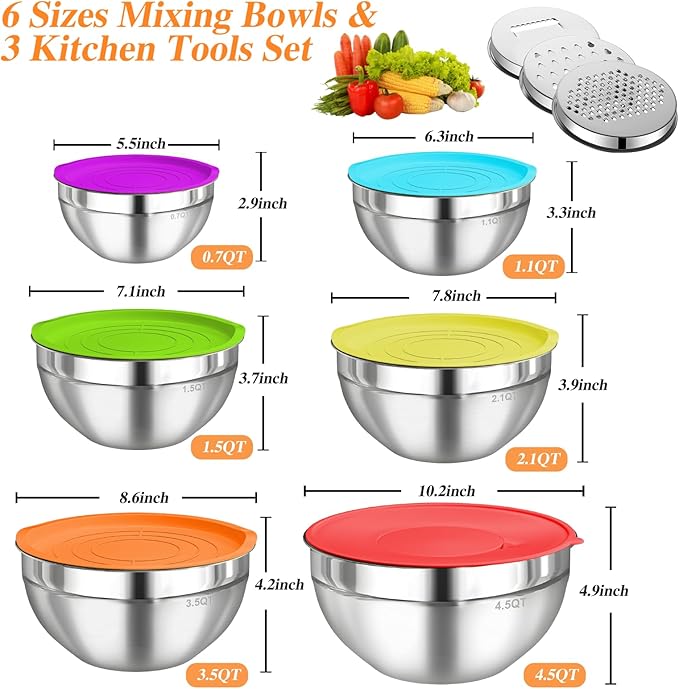 Mixing Bowls with Lids Set, 6 PCS Stainless Steel Mixing Bowls with 3 Grater Attachments, Kitchen Food Organizers Nesting Mixing Bowl, Large Size 4.5, 3.5, 2.1, 1.5, 1.1, 0.7QT-Colorful