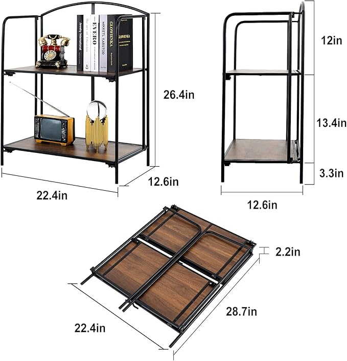 Crofy No Assembly Folding Bookshelf for Living Room, 2 Tier Black Collapsible Book Shelf for Home Office, Portable Bookcase Storage Organizer