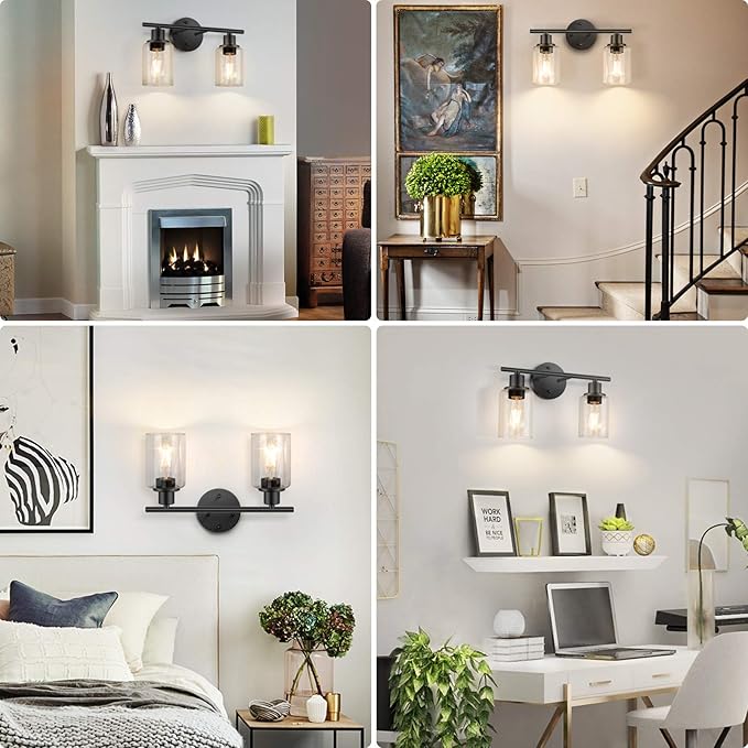 FOLKSMATE Bathroom Light Fixtures, 2 Light Matte Black Vanity Light, Vintage Wall Sconces Lighting, Modern Bath Wall Mounted Lights with Glass Shade