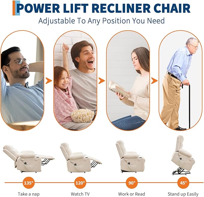 Power Lift Recliner Chair for Elderly with Massage & Heat, Small Spaces Useage Living Room or RV Single Sofa for Adults, 135° Reclining Accent Chairs, 2 Cup Holders and Side Pockets (Beige Corduroy)