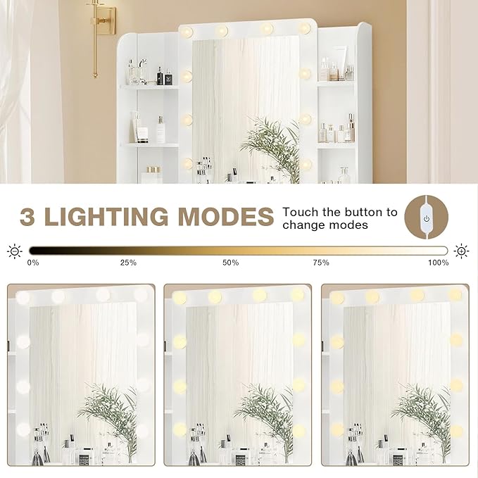 Vanity Desk with Mirror and Lights, Makeup Vanity Table and Chair Set with Power Strip, 3 Color Modes Adjustable Brightness Dressing Table, White Vanity for Bedroom