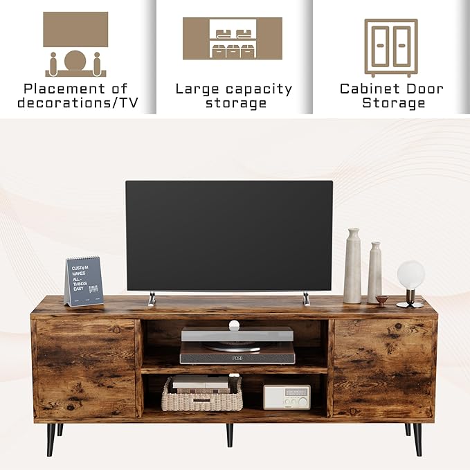 Flamaker TV Stand, 58 Inch Entertainment Center with 2 Doors and 2 Storage Cabinets for TV up to 65 inch, TV Console Table for Living Room, Bedroom, Office (Vintage Brown)