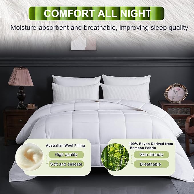 YOUR MOON Luxurious All Season Wool Comforter Queen Size 100% Natural Australian Wool Duvet, Hypoallergenic Premium Filled Comforter, Noiseless Jacquard Rayon Derived from Bamboo Shell(White)