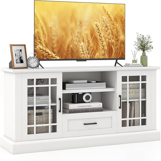 Tangkula Farmhouse TV Stand for TV up to 70 Inch, Tall Media Console Table with 2 Glass Doors, Entertainment Center with Cubbies & Drawer, Storage Cabinet or Sideboard Buffet for Living Room (White)