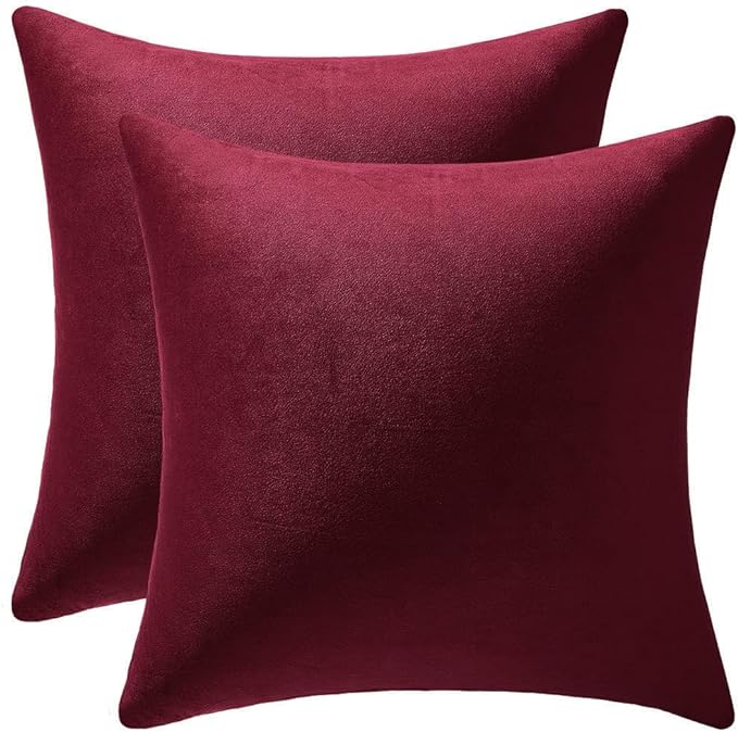 DEZENE Throw Pillow Covers 24x24 Burgundy: 2 Pack Cozy Soft Velvet Square Decorative Pillow Cases for Farmhouse Home Decor