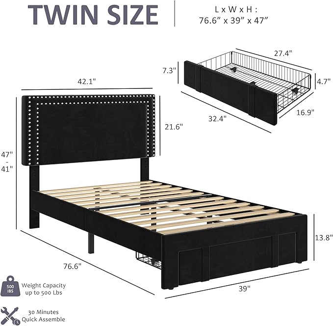 VECELO Twin Size Bed Frame with Storage Drawer, Adjustable Velvet Rivet Decor Headboard, Wooden Slats Support Platform, No Box Spring Needed, Easy Assembly