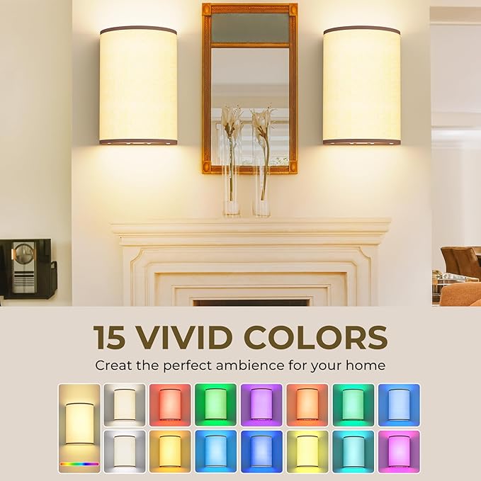 Battery Operated Wall Sconces Set of 2, Rechargeable Wall Sconces 15 Colors Wall Lamp with Remote 10 Levels Brightness, 5000mAh Wireless Wall Decor Set of 2 with Timer for Bedroom Living Room
