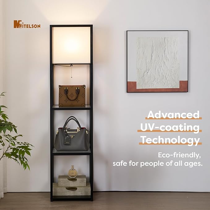 Floor Lamp with Shelves, Modern Standing Lamp with Tempered Glass, Large Display Shelf Lamp, Tall Lamps with Shelves for Living Room, Bedroom, Office, Black