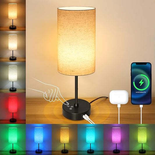 Unicozin Table Lamp, 3 CCT 3000K/4500K/6500K & RGB Color Changing, Stepless Dimmable, 17Inch Bedside Lamp for Reading, Ambience Nightstand Light for Home Decor Party, Beige Shade