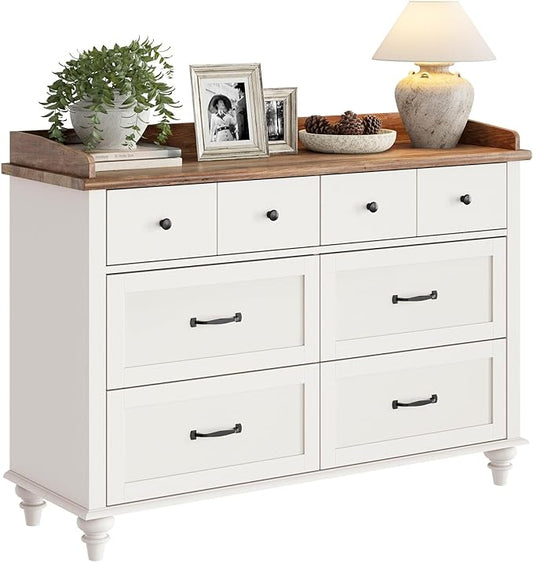 WAMPAT 6 Drawers Dresser for Bedroom, Mid Century Chest of Drawers Distressed Kids Dresser, Wooden Storage Dressers Organizer Cabinet for Living Room, Off White, 47 Inch