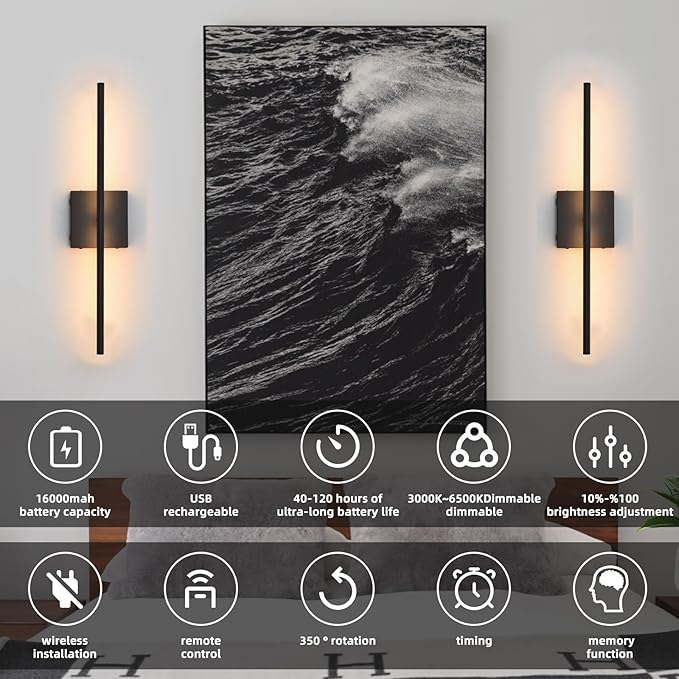 Battery Operated Wall Sconces Set of 2, Black Rechargeable Wall Sconce with Remote Control, 3000K-6000K Dimmable LED Wireless Wall Light for Living Room, Hallway, Bedroom, Stairs, 23.6 Inch