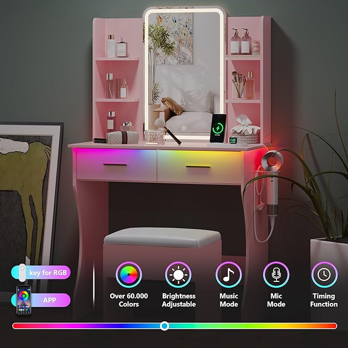Small Vanity Desk with Mirror and Lights, Makeup Vanity with LED Lights, Pink Vanity Mirror with Lighted Desk and Chair, 3 Lighting Adjustable Compact Dressing Table with Mirror for Women, Girls