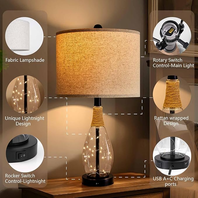 OYEARS 23" Farmhouse Table Lamps for Living Room,Boho Rattan Bedside Lamps with USB-C & USB-A Ports, Glass Nightlight, Dual Light Sources, Black