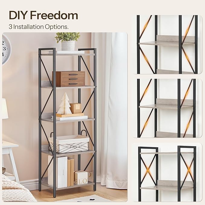 HOOBRO Bookshelf, 5-Tier Industrial Bookcase, Book Shelf Storage Organizer, Tall Bookshelf with Metal Frame for Living Room, Bedroom, Home Office, Kitchen, Greige and Black BG73SJ01