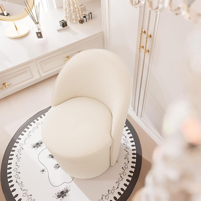 YOUNIKE Vanity Bench Boucle Fabric White Solid Wood Swivel Accent Chair with Backrest Easy Assembly Dressing Stool for Bedroom & Makeup Room