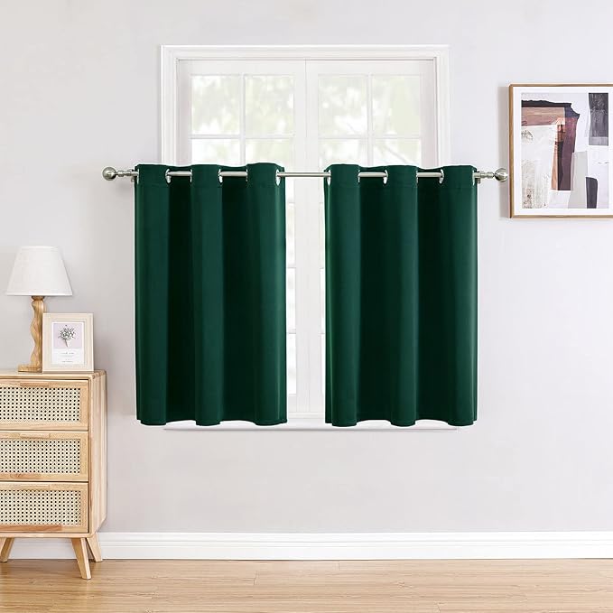 ChrisDowa Small Window Curtains for Kitchen and Bedroom - Grommet Short Thermal Insulated Room Darkening Curtains (2 Panels, Forest Green, 36 x 24 Inch)