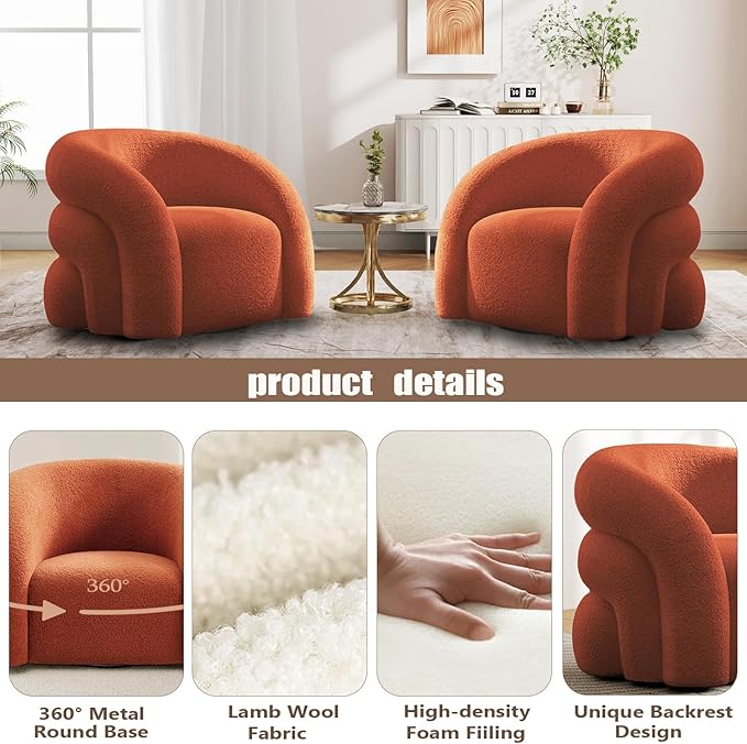 34.6" W Mordern Swivel Accent Chair,Sherpa Round Upholstered Boucle 360° Swivel Armchair for Living Room,Comfy No Assembly Sofa Chair for Bedroom Reading Apartment Lounge(Orange)