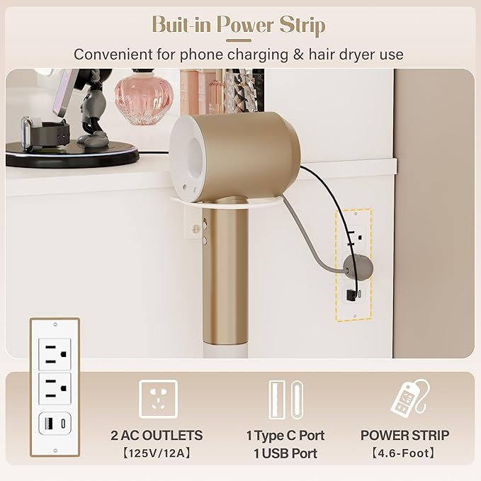 JUMMICO 35.4" Vanity Desk with LED Mirror & Power Outlet, Makeup Vanity Table with 3 Open Storage Shelves, Drawers and Cabinet, 3 Model Adjustable Lights for Bedroom & Dressing Room (White)