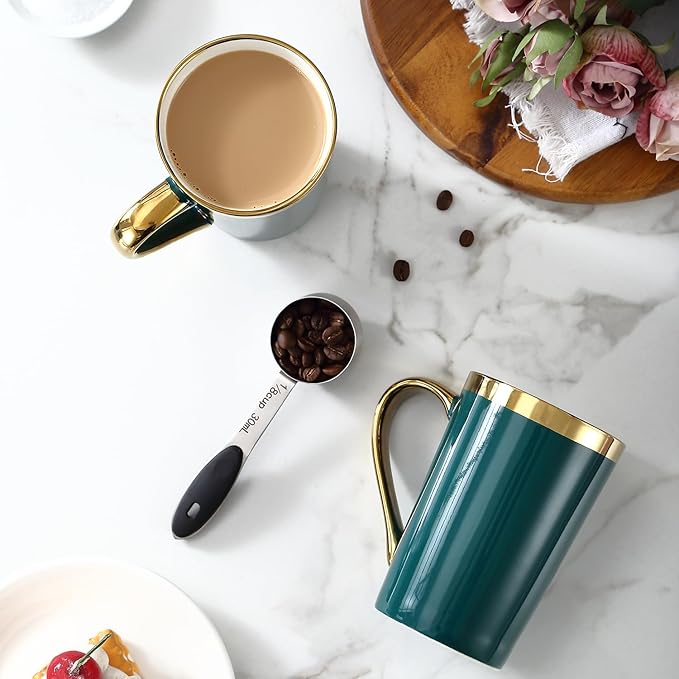 Coffee Mugs,12OZ Ceramic Coffee Mugs Set of 6,Cups with Large Handles for Men Women, Porcelain Big Mug for Tea Latte, Housewarming Wedding Gifts(green and gold)