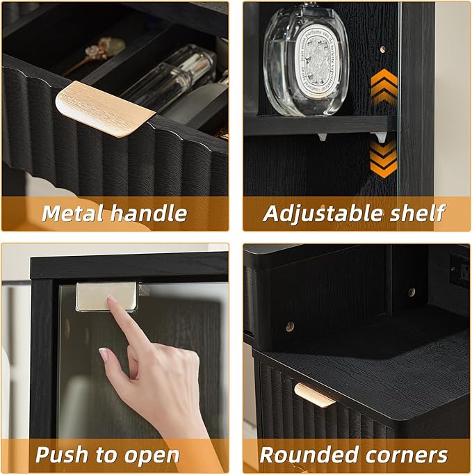 LEYAOYAO Vanity Desk with Mirror and Lights, 43.5'' Fluted Makeup Vanity with 6 Drawers and Adjustable Shelves, Black Wood Make Up Vanity Dressing Table with Glass Top and Power Outlet for Bedroom