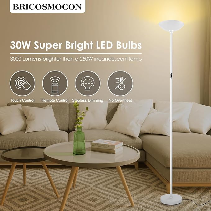 Stepless Dimmable Floor Lamp,30W 3000LM Super Bright LED Torchiere Floor Lamps with Remote & Touch Control,71 in Tall Modern Standing Lamp for Living Room Bedroom Office,2700k-6500k,White