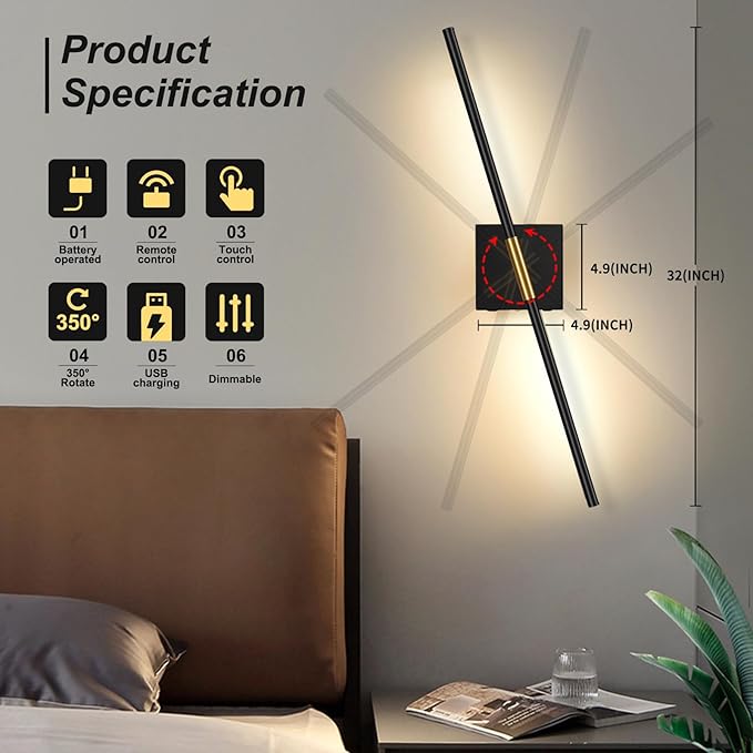 Battery Operated Wall Sconces Set of 2, Battery Wall Sconce with Remote Control,350°Rotate, LED Rechargeable Sconces,3000K-6000K Wireless Wall Light for Bedroom, Living Room, Hallway (Black,28Inch)