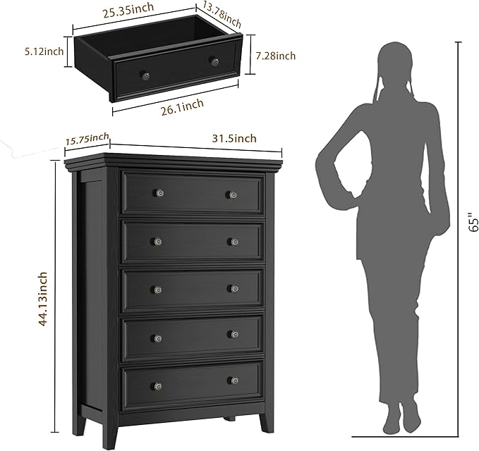BLANKSPACE Black 5 Drawer Dresser, Modern Dresser for Bedroom, Wood Drawer Organizer with Metal Knobs, Large Capacity Wood Cabinet for Bedroom, Closets, Hallway