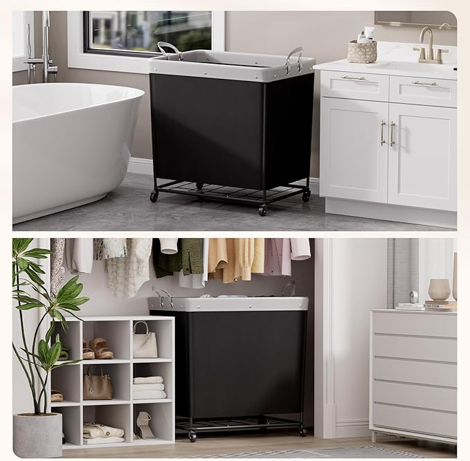 Lifewit 330L Laundry Basket with Wheels, Large Heavy Duty Commercial Rolling Laundry Hamper with Handles, Tall Steel Frame Laundry Cart for Laundry Room Bedroom Hotel Home Dorm, Black